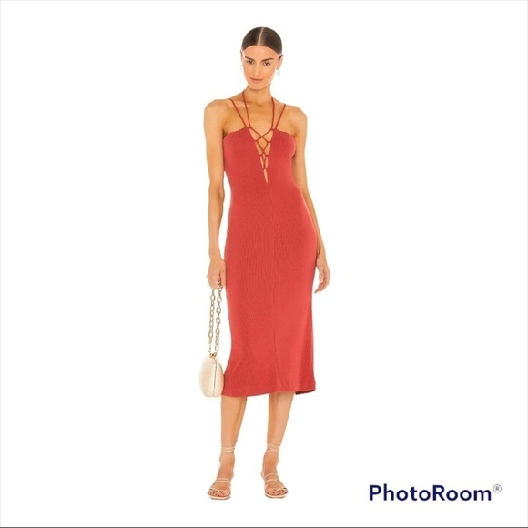 NBD x REVOLVE Berry Red Ribbed Lace up Front Midi Dress Two Tone Crimson, Small - Picture 3 of 8